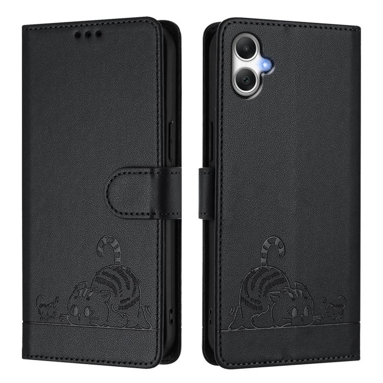 For Samsung Galaxy A06 5G Cat Rat Embossed Pattern RFID Leather Phone Case with Lanyard