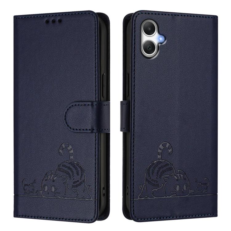 For Samsung Galaxy A06 5G Cat Rat Embossed Pattern RFID Leather Phone Case with Lanyard