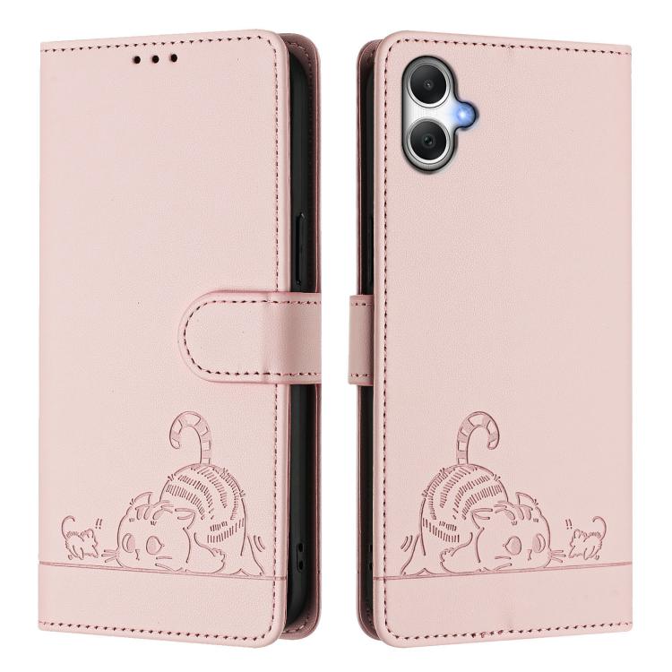 For Samsung Galaxy A07 4G Cat Rat Embossed Pattern RFID Leather Phone Case with Lanyard