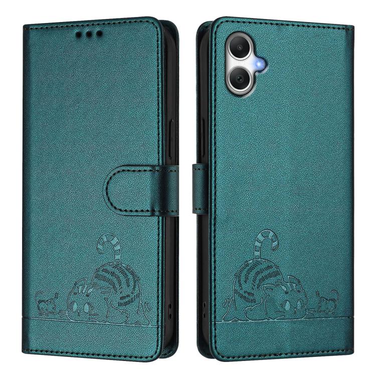 For Samsung Galaxy A07 4G Cat Rat Embossed Pattern RFID Leather Phone Case with Lanyard