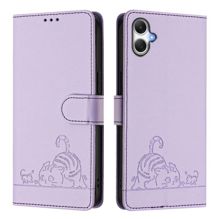 For Samsung Galaxy A07 4G Cat Rat Embossed Pattern RFID Leather Phone Case with Lanyard