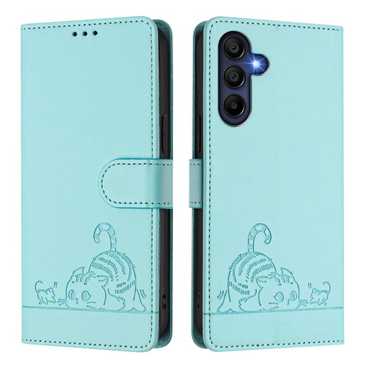 For Samsung Galaxy A17 5G Cat Rat Embossed Pattern RFID Leather Phone Case with Lanyard