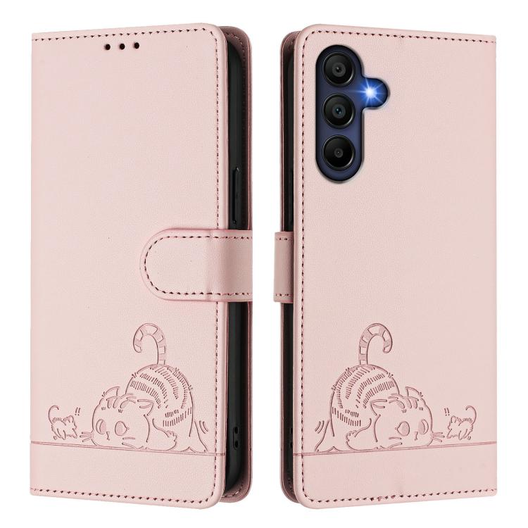 For Samsung Galaxy A17 5G Cat Rat Embossed Pattern RFID Leather Phone Case with Lanyard