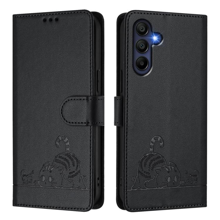 For Samsung Galaxy A17 5G Cat Rat Embossed Pattern RFID Leather Phone Case with Lanyard
