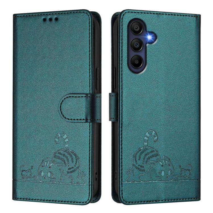 For Samsung Galaxy A17 5G Cat Rat Embossed Pattern RFID Leather Phone Case with Lanyard