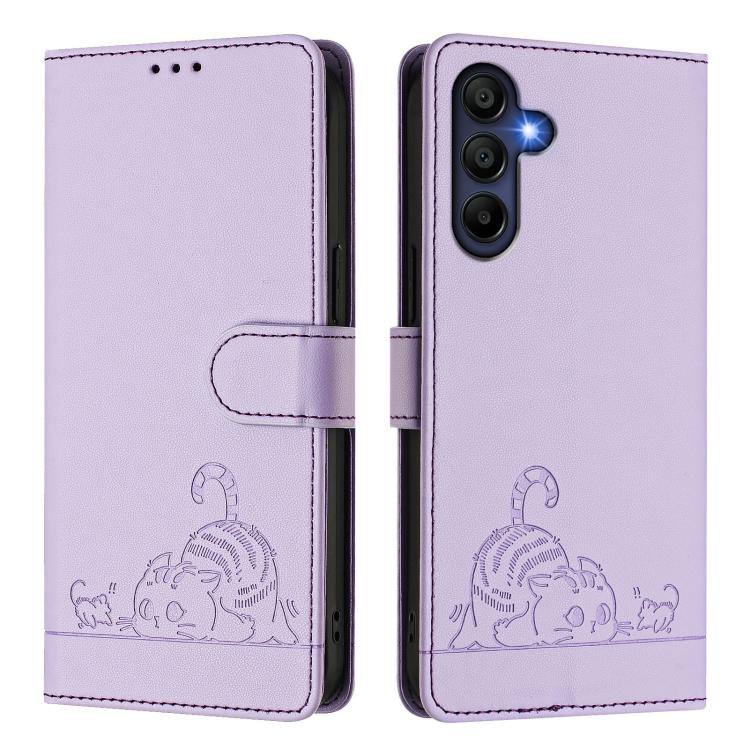 For Samsung Galaxy A17 5G Cat Rat Embossed Pattern RFID Leather Phone Case with Lanyard