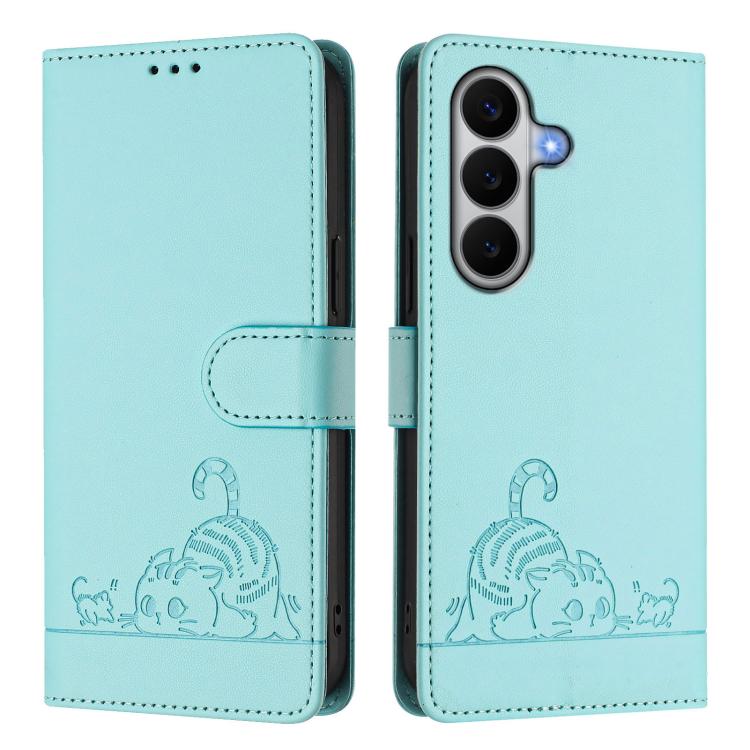For Samsung Galaxy A27 5G Cat Rat Embossed Pattern RFID Leather Phone Case with Lanyard