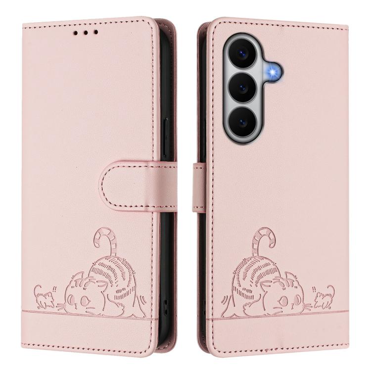 For Samsung Galaxy A27 5G Cat Rat Embossed Pattern RFID Leather Phone Case with Lanyard