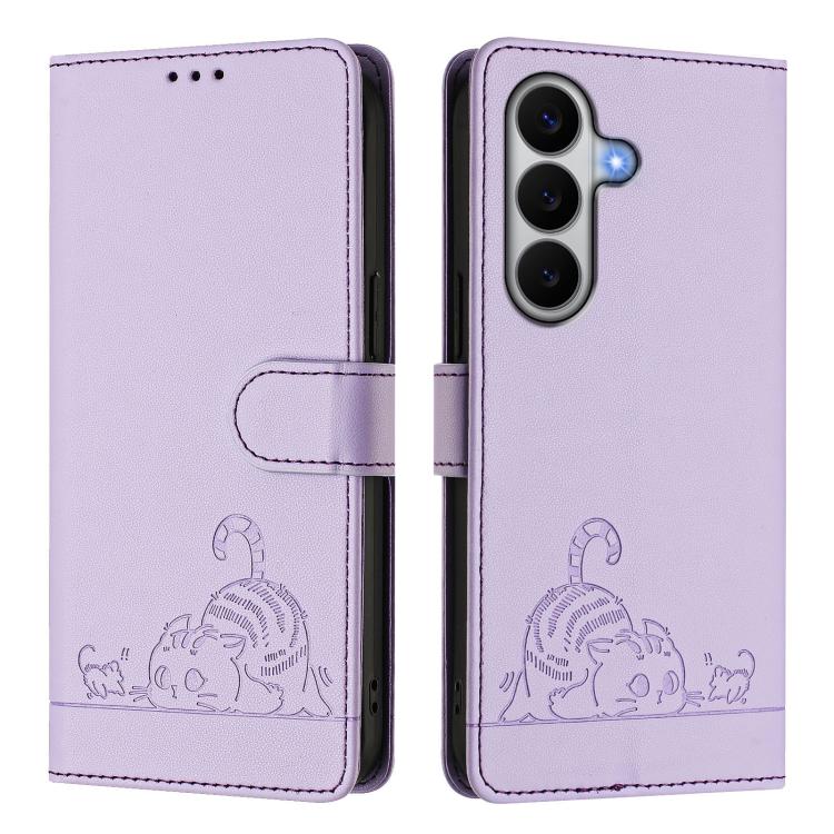 For Samsung Galaxy A27 5G Cat Rat Embossed Pattern RFID Leather Phone Case with Lanyard