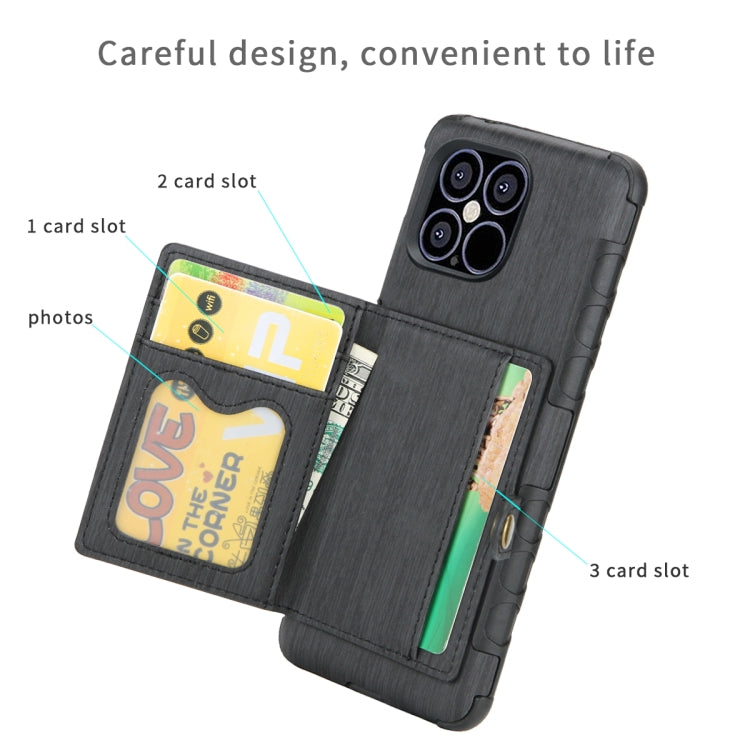 For iPhone 12 / 12 Pro Brushed Texture Shockproof PU + TPU Case with Card Slots & Wallet & Photo Frame