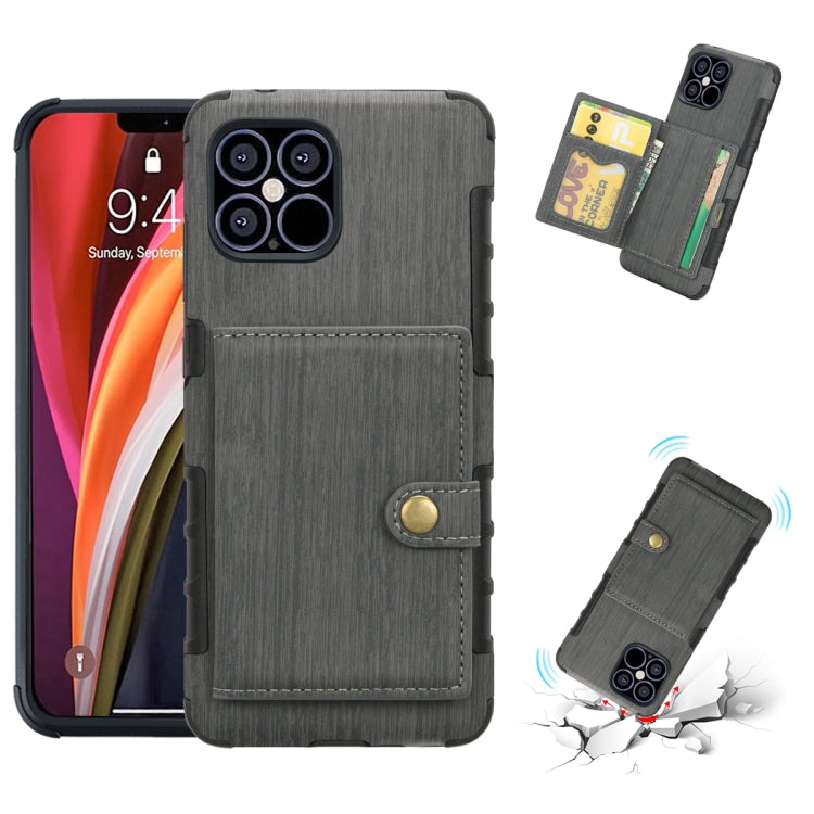 For iPhone 12 / 12 Pro Brushed Texture Shockproof PU + TPU Case with Card Slots & Wallet & Photo Frame