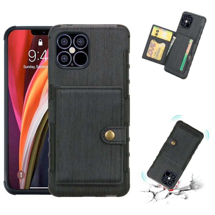 For iPhone 12 Pro Max Brushed Texture Shockproof PU + TPU Case with Card Slots & Wallet & Photo Frame