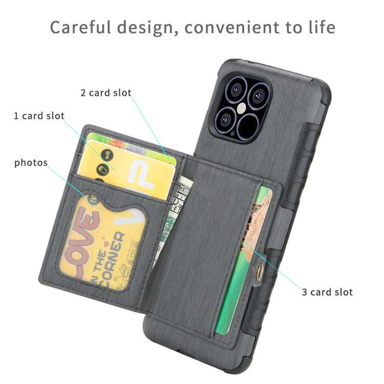 For iPhone 12 Pro Max Brushed Texture Shockproof PU + TPU Case with Card Slots & Wallet & Photo Frame