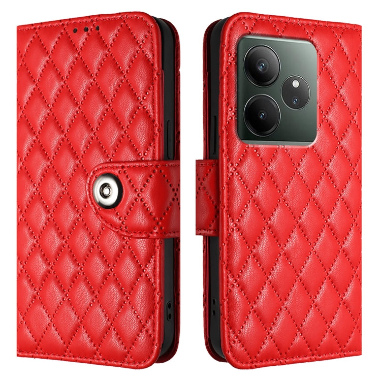 For Realme GT 6 5G Global Rhombic Texture Flip Leather Phone Case with Lanyard