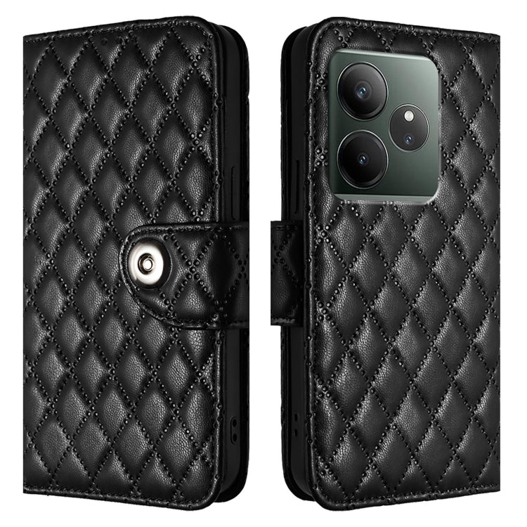 For Realme GT 6 5G Global Rhombic Texture Flip Leather Phone Case with Lanyard