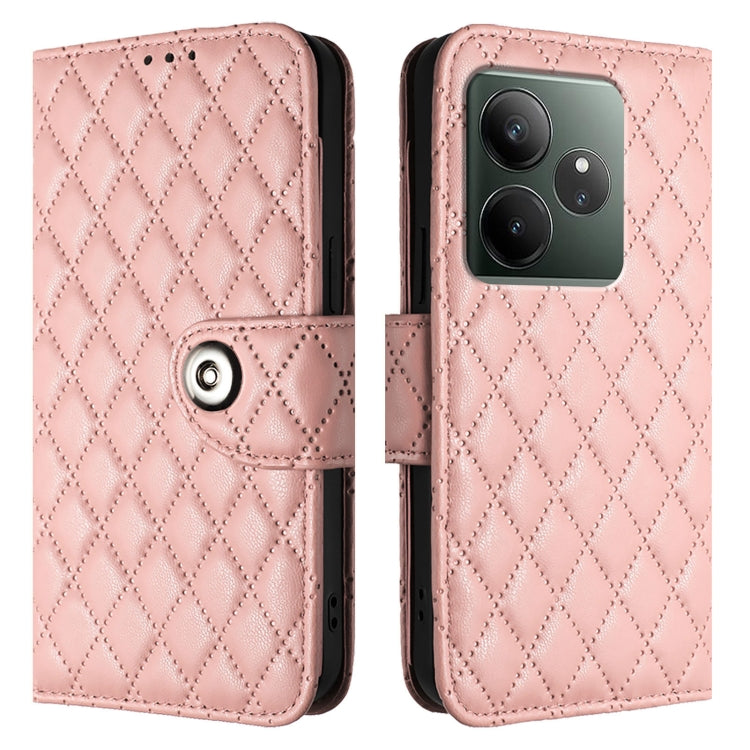 For Realme GT 6 5G Global Rhombic Texture Flip Leather Phone Case with Lanyard