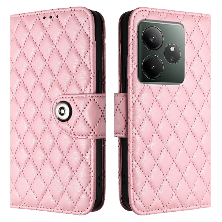For Realme GT 6 5G Global Rhombic Texture Flip Leather Phone Case with Lanyard