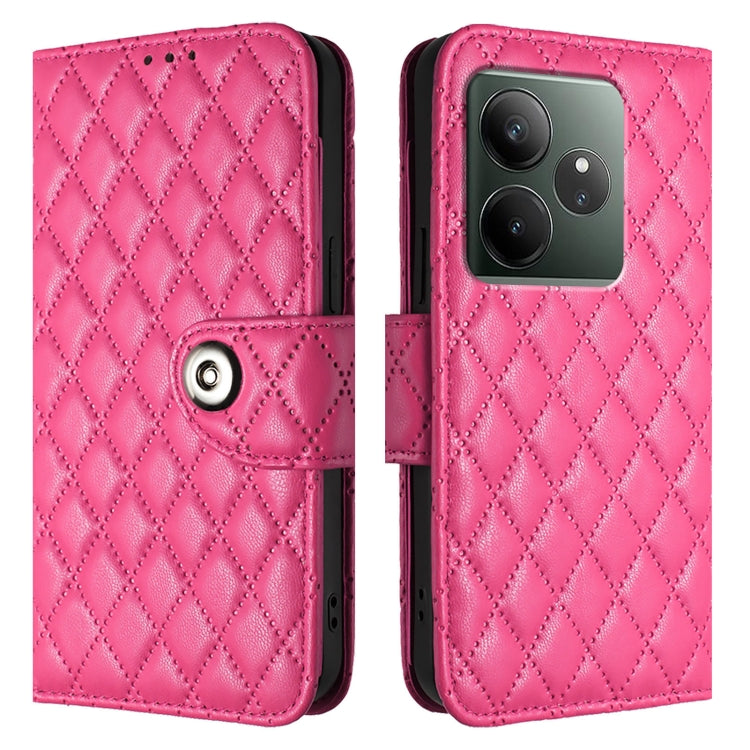 For Realme GT 6T 5G Global Rhombic Texture Flip Leather Phone Case with Lanyard
