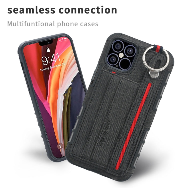 For iPhone 12 mini Cloth Texture + TPU Shockproof Protective Case with Metal Ring & Holder & Card Slots & Hanging Strap