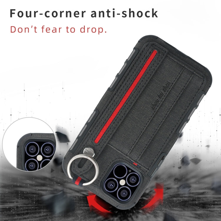 For iPhone 12 mini Cloth Texture + TPU Shockproof Protective Case with Metal Ring & Holder & Card Slots & Hanging Strap