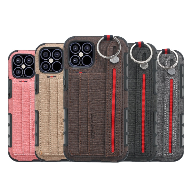 For iPhone 12 mini Cloth Texture + TPU Shockproof Protective Case with Metal Ring & Holder & Card Slots & Hanging Strap
