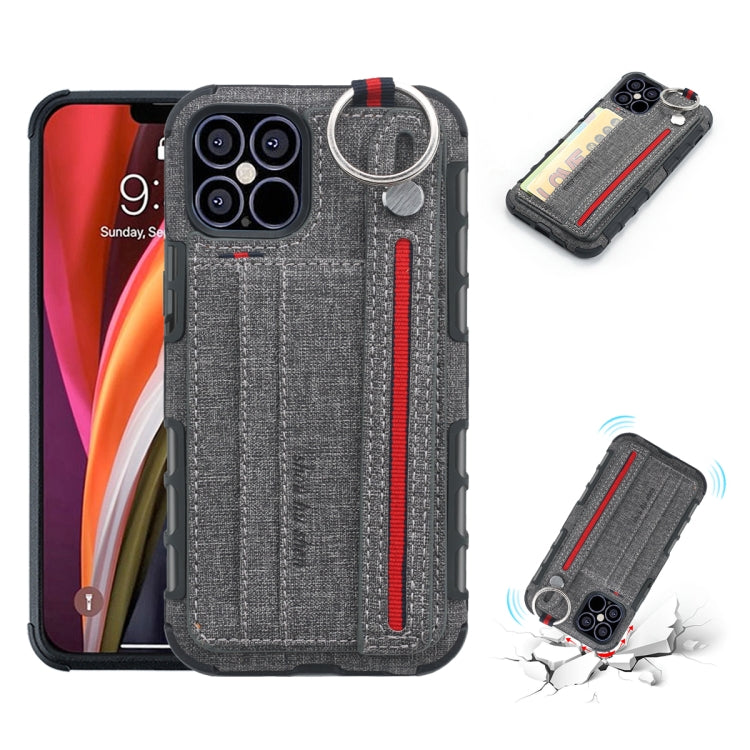 For iPhone 12 / 12 Pro Cloth Texture + TPU Shockproof Protective Case with Metal Ring & Holder & Card Slots & Hanging Strap