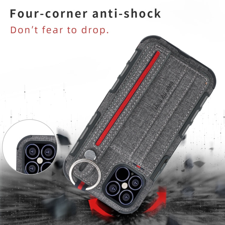 For iPhone 12 / 12 Pro Cloth Texture + TPU Shockproof Protective Case with Metal Ring & Holder & Card Slots & Hanging Strap
