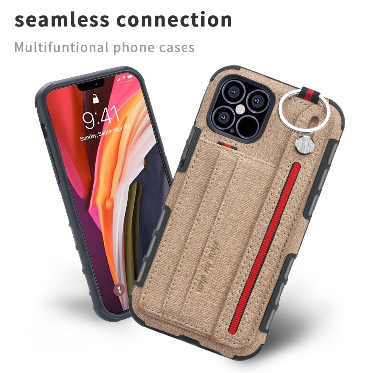 For iPhone 12 / 12 Pro Cloth Texture + TPU Shockproof Protective Case with Metal Ring & Holder & Card Slots & Hanging Strap