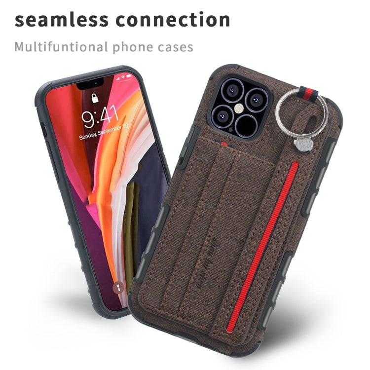 For iPhone 12 / 12 Pro Cloth Texture + TPU Shockproof Protective Case with Metal Ring & Holder & Card Slots & Hanging Strap