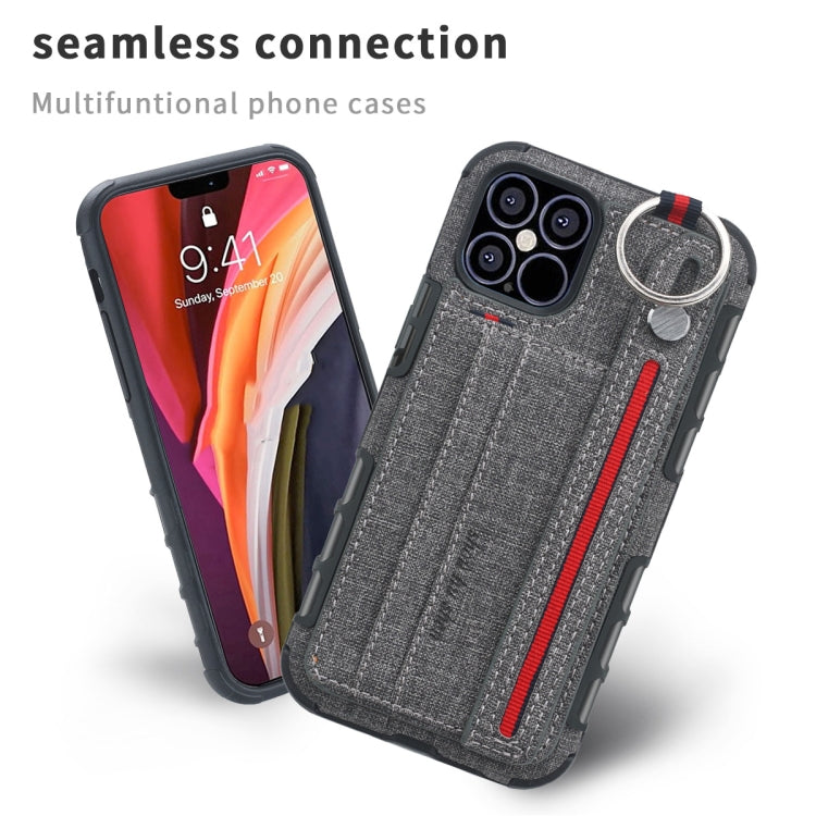 For iPhone 12 Pro Max Cloth Texture + TPU Shockproof Protective Case with Metal Ring & Holder & Card Slots & Hanging Strap