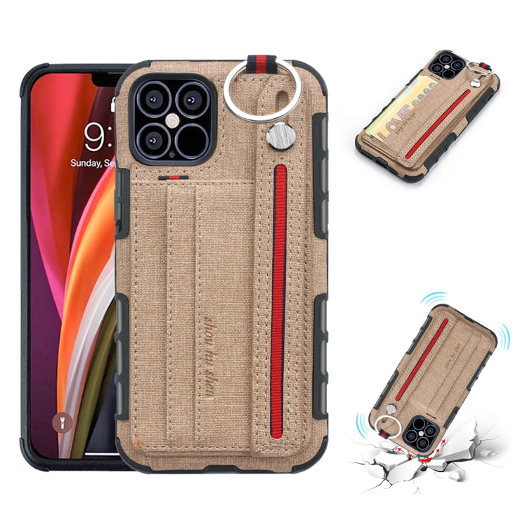 For iPhone 12 Pro Max Cloth Texture + TPU Shockproof Protective Case with Metal Ring & Holder & Card Slots & Hanging Strap