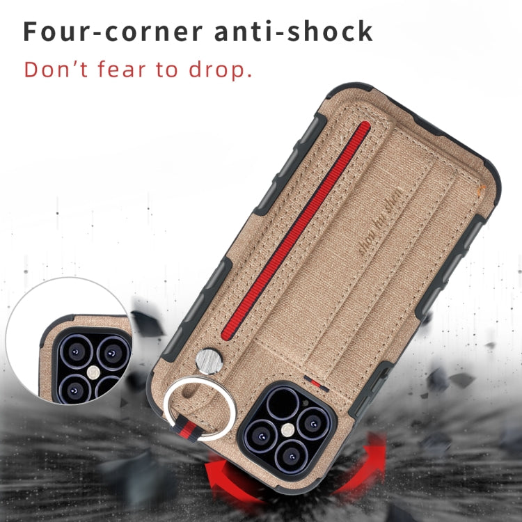 For iPhone 12 Pro Max Cloth Texture + TPU Shockproof Protective Case with Metal Ring & Holder & Card Slots & Hanging Strap