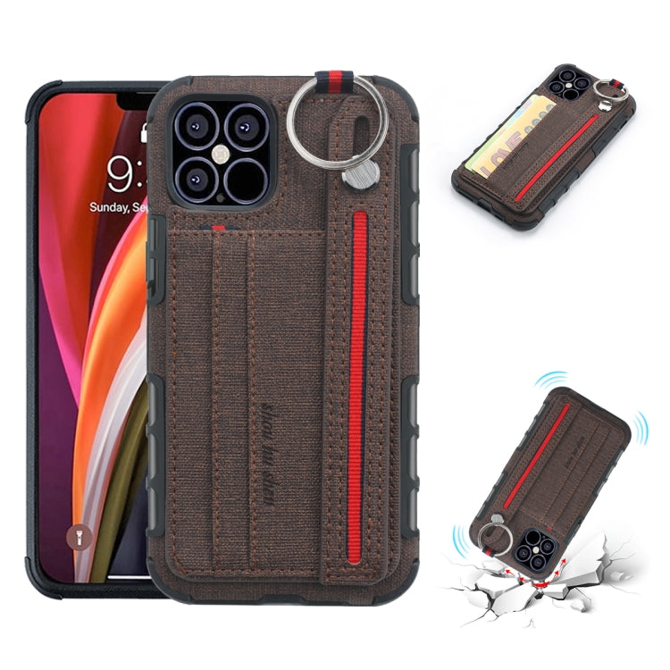 For iPhone 12 Pro Max Cloth Texture + TPU Shockproof Protective Case with Metal Ring & Holder & Card Slots & Hanging Strap