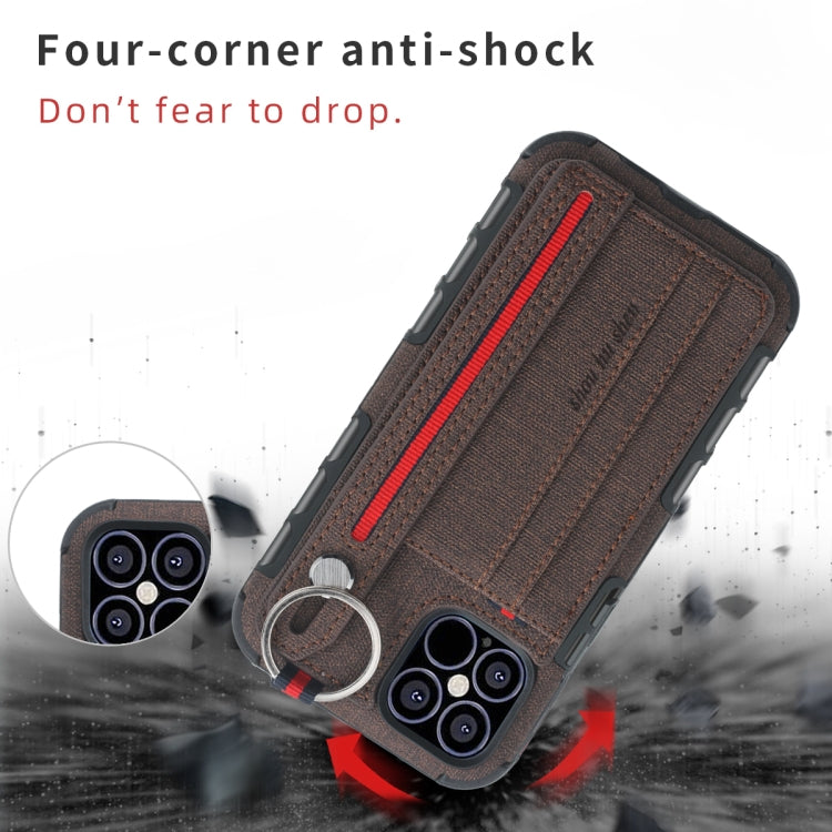 For iPhone 12 Pro Max Cloth Texture + TPU Shockproof Protective Case with Metal Ring & Holder & Card Slots & Hanging Strap