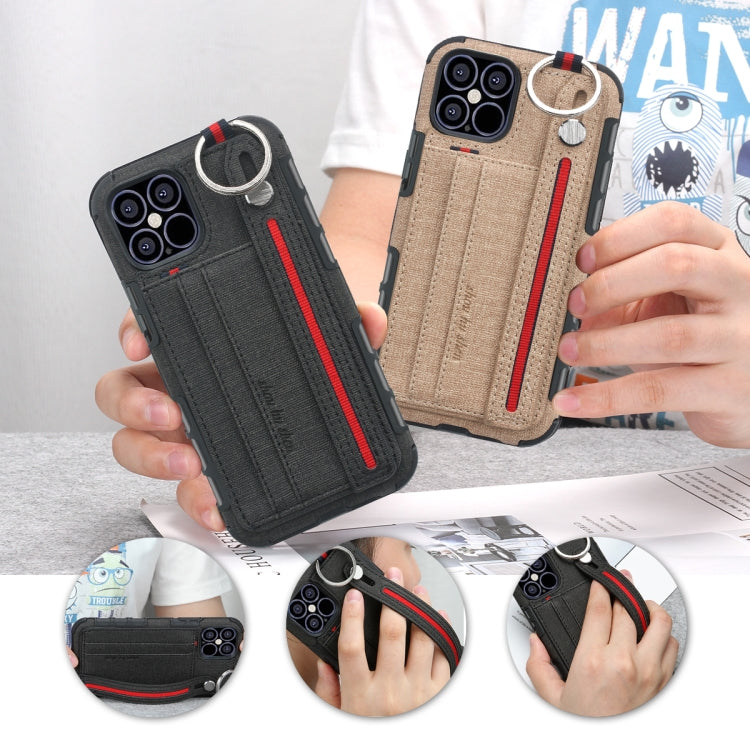 For iPhone 12 Pro Max Cloth Texture + TPU Shockproof Protective Case with Metal Ring & Holder & Card Slots & Hanging Strap