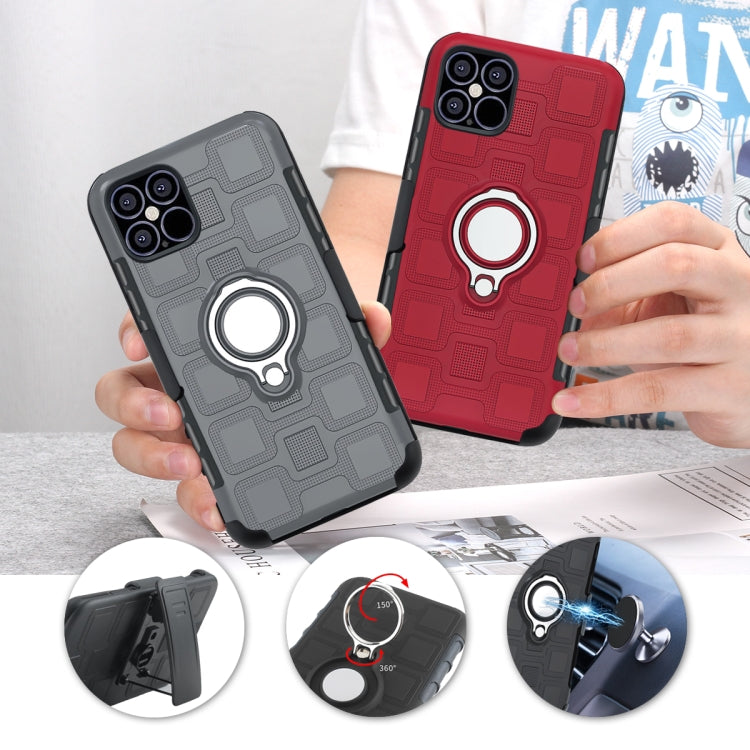 For iPhone 12 / 12 Pro 3 In 1 Cube PC + TPU Protective Case with 360 Degrees Rotate Silver Ring Holder
