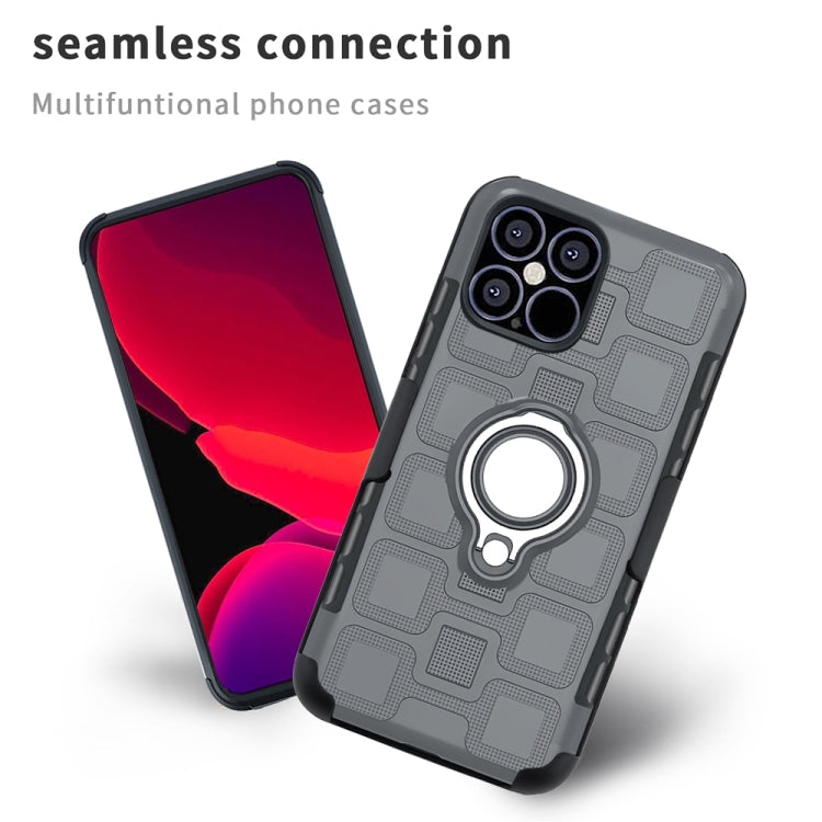 For iPhone 12 / 12 Pro 3 In 1 Cube PC + TPU Protective Case with 360 Degrees Rotate Silver Ring Holder