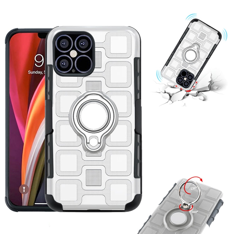 For iPhone 12 Pro Max 3 In 1 Cube PC + TPU Protective Case with 360 Degrees Rotate Silver Ring Holder