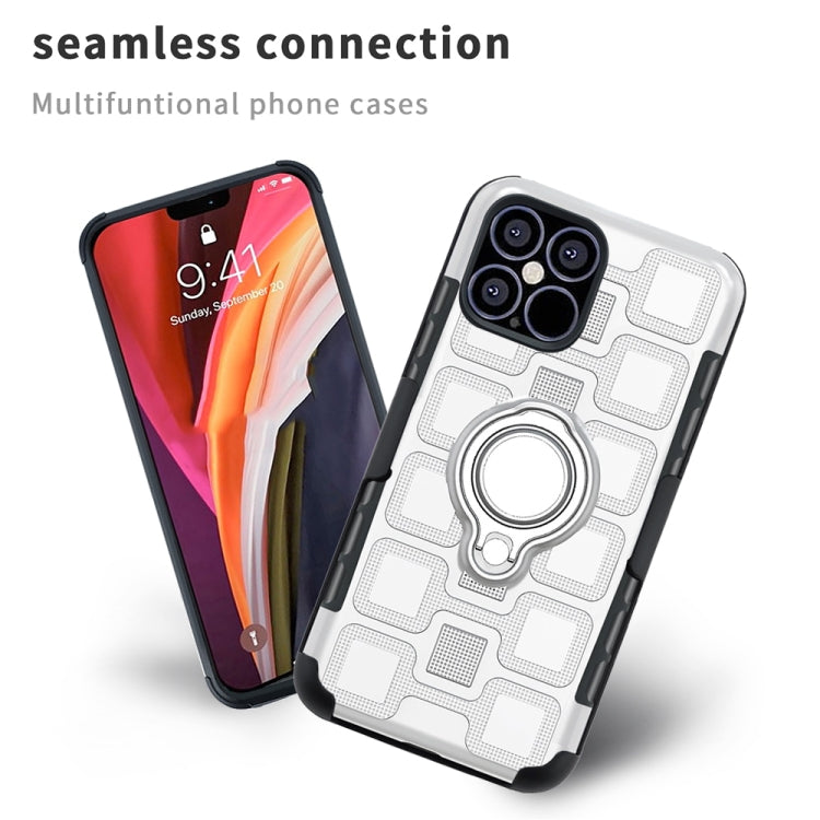 For iPhone 12 Pro Max 3 In 1 Cube PC + TPU Protective Case with 360 Degrees Rotate Silver Ring Holder