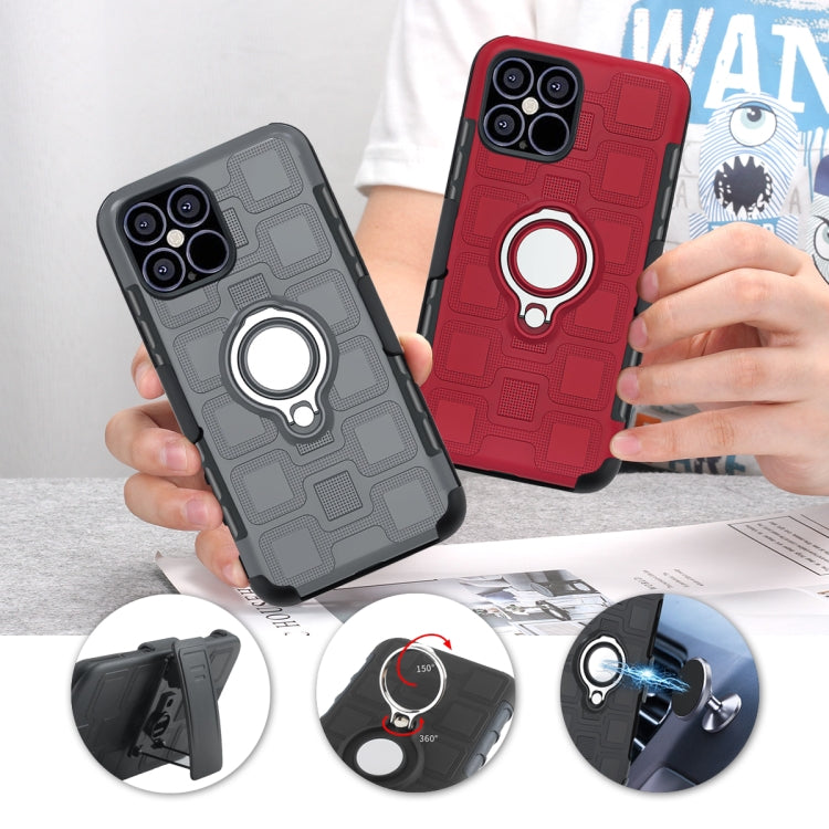 For iPhone 12 Pro Max 3 In 1 Cube PC + TPU Protective Case with 360 Degrees Rotate Silver Ring Holder