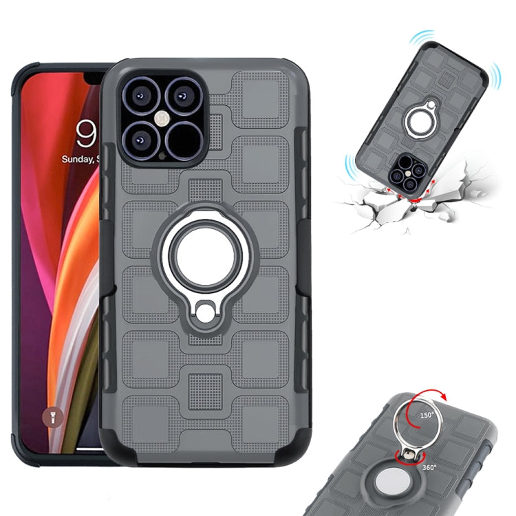 For iPhone 12 Pro Max 3 In 1 Cube PC + TPU Protective Case with 360 Degrees Rotate Silver Ring Holder