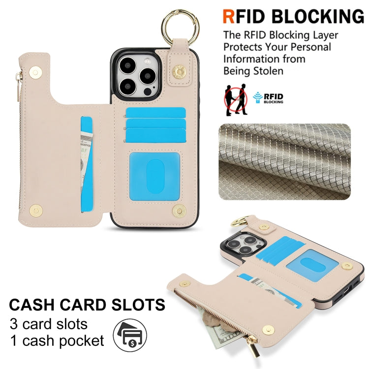 For iPhone 15 Pro Max RFlD Anti-theft Double Buckle Ring Zipper Card Phone Case
