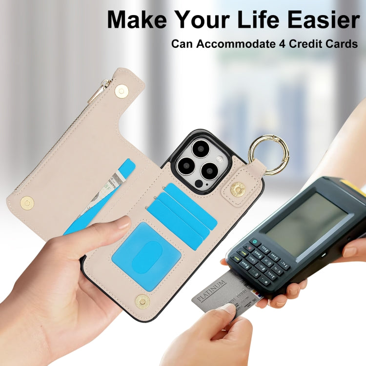 For iPhone 15 Pro Max RFlD Anti-theft Double Buckle Ring Zipper Card Phone Case