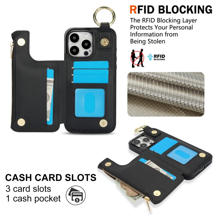 For iPhone 15 Pro Max RFlD Anti-theft Double Buckle Ring Zipper Card Phone Case