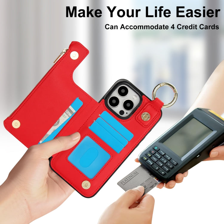 For iPhone 15 Pro Max RFlD Anti-theft Double Buckle Ring Zipper Card Phone Case