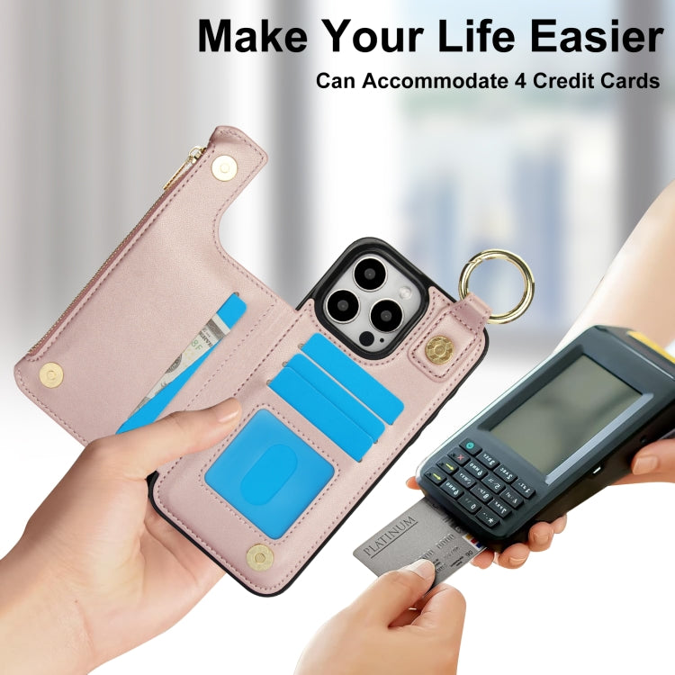 For iPhone 15 Pro Max RFlD Anti-theft Double Buckle Ring Zipper Card Phone Case