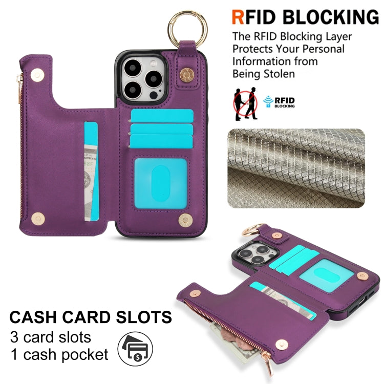 For iPhone 15 Pro Max RFlD Anti-theft Double Buckle Ring Zipper Card Phone Case