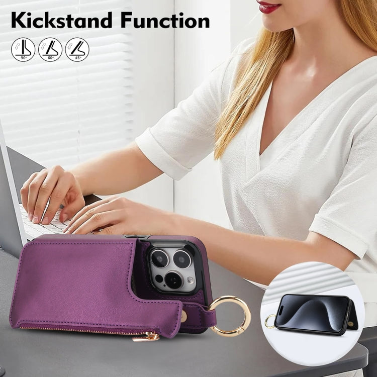 For iPhone 15 Pro Max RFlD Anti-theft Double Buckle Ring Zipper Card Phone Case