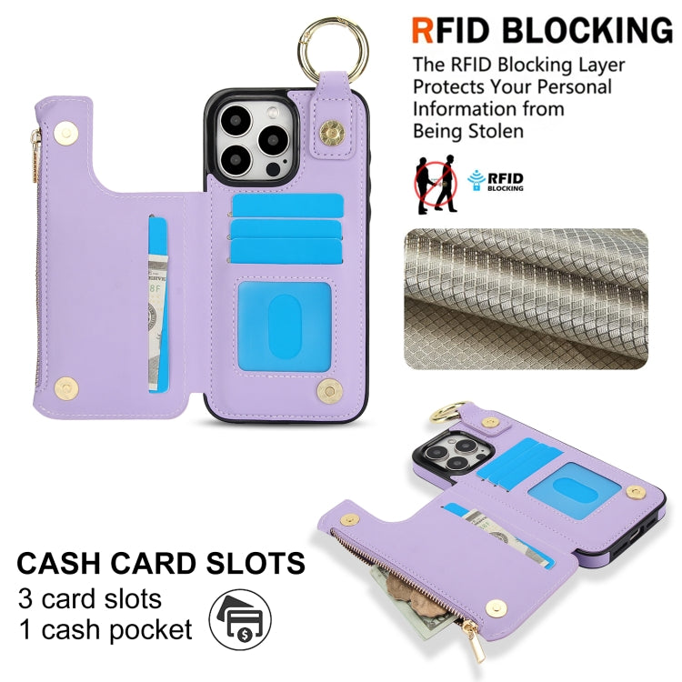 For iPhone 15 Pro Max RFlD Anti-theft Double Buckle Ring Zipper Card Phone Case