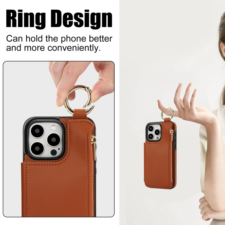 For iPhone 15 Pro Max RFlD Anti-theft Double Buckle Ring Zipper Card Phone Case